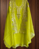 Elegant Mul Chanderi Un-Stitched Suit with Pita & Thread Embroidery Detailing